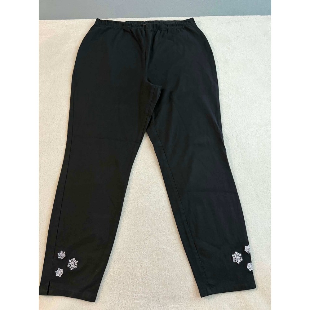 Quacker Factory Women 1X Black Pants Straight Snowflake Embroidered A63940